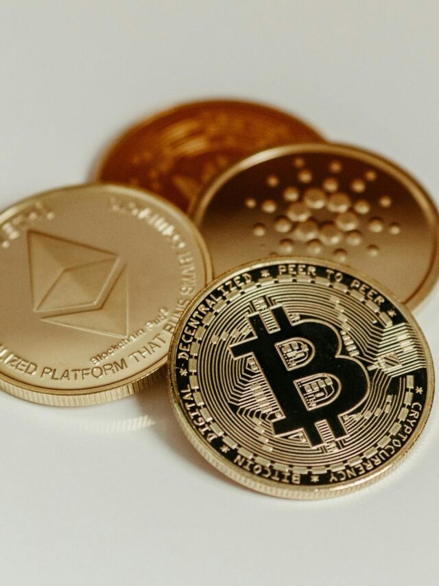 Cryptocurrency coins representing Bitcoin, Ethereum, and Cardano on a white background.