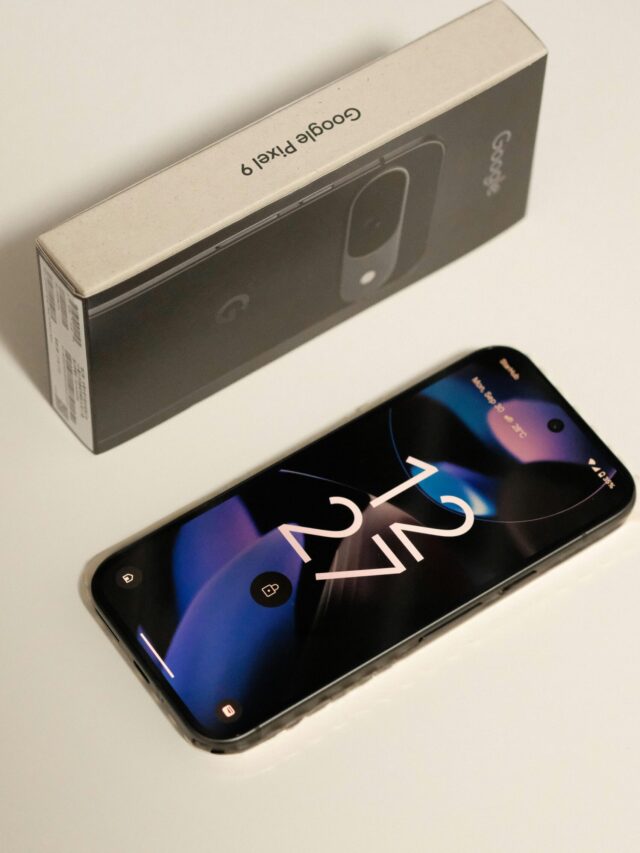 Close-up of Google Pixel 9 smartphone with the original packaging box, showcasing sleek design.